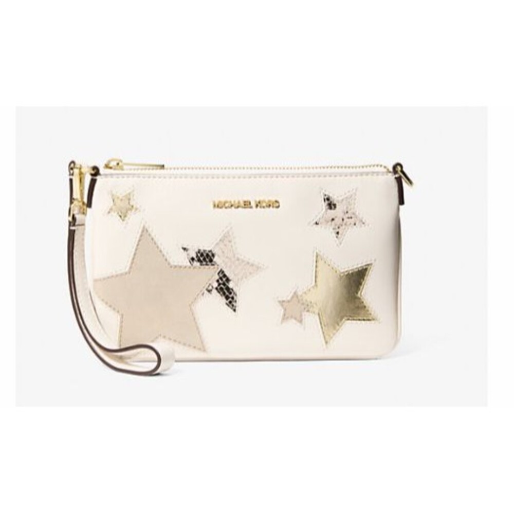 MICHAEL KORS Jet Set Small Star Appliqué Wristlet Pouch Gold Cream Leather NWT